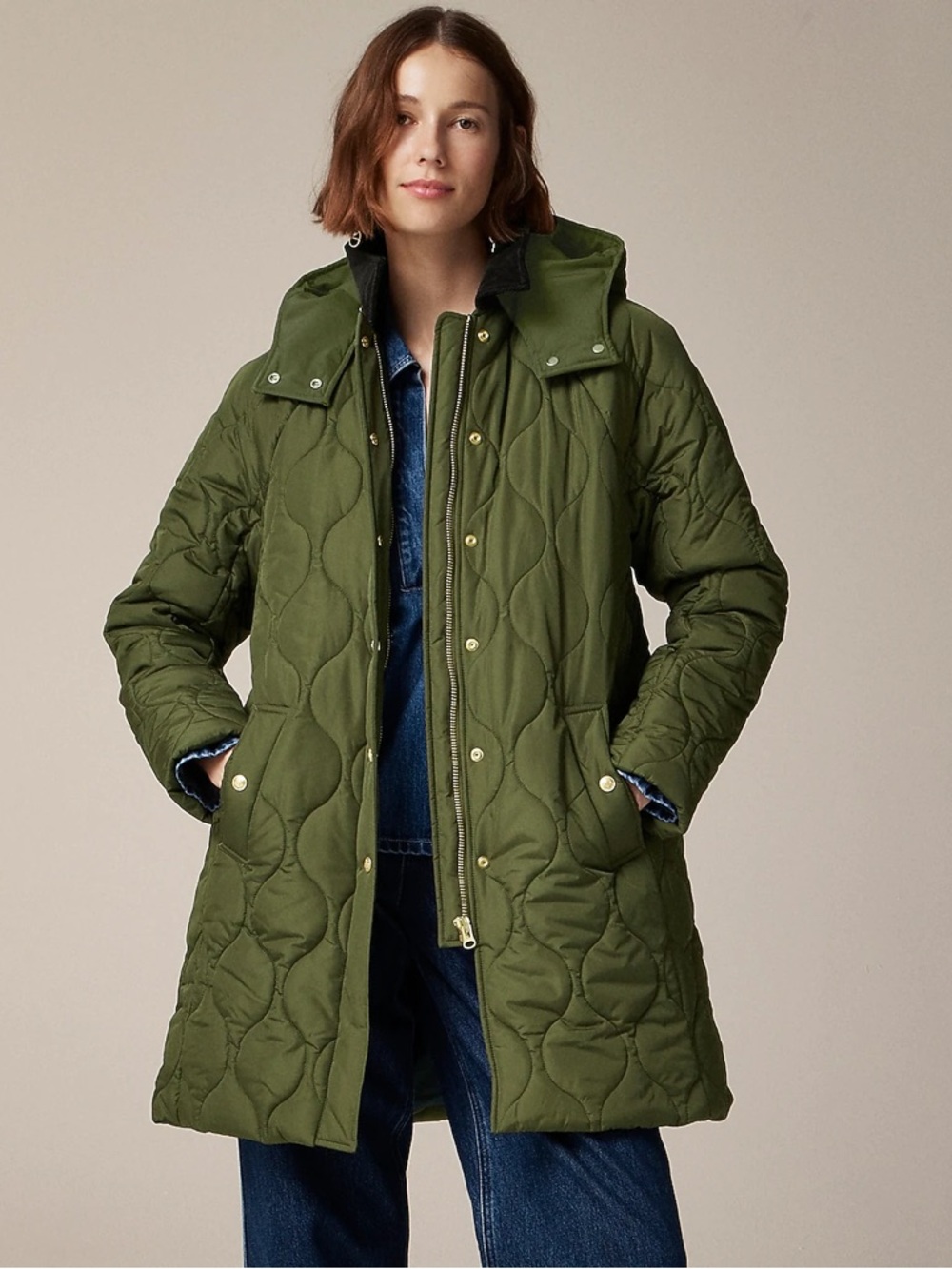 J. Crew Stowe coat quilted puffer Olive Green women’s size small primaloft